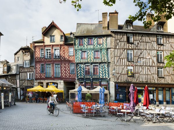 France, Brittany, Rennes, Ille-et-Vilaine, Historic half-timbered buildings in Place Saint-Anne